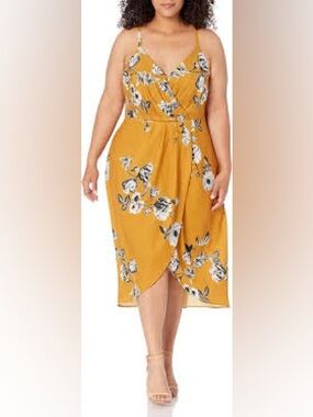 City Chic Mustard Floral Wrap-Style Midi Dress